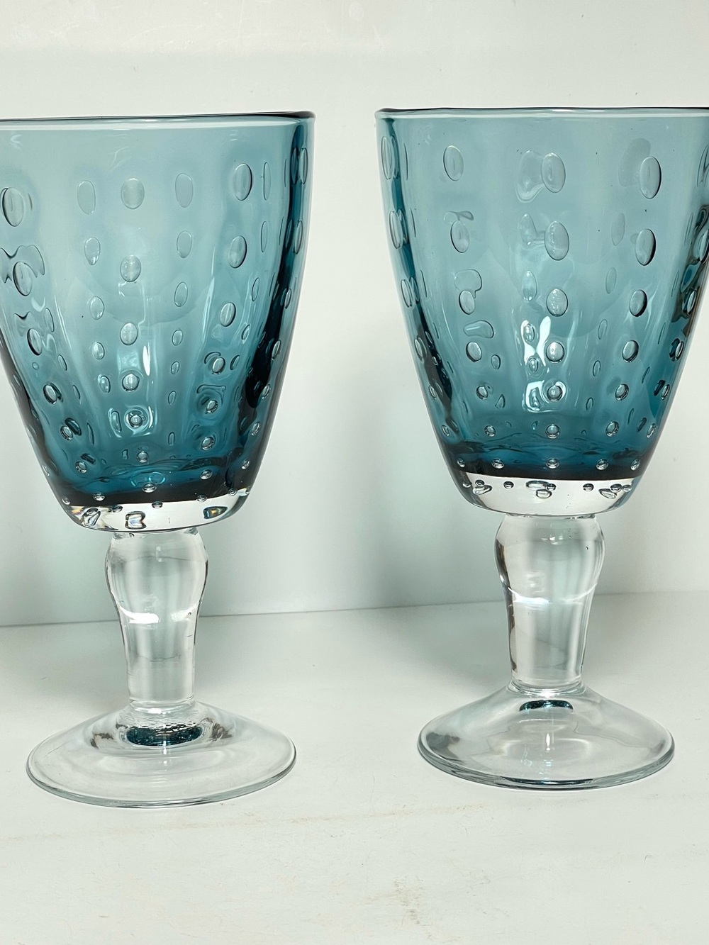 Hand Blown Teal Blue Glass Wine Goblets Bubble Pattern Set of 2